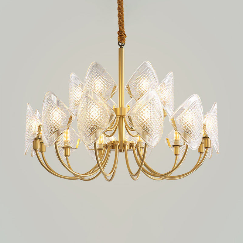Lustre de salon moderne en forme de losange - Élégante suspension en verre à 12/15/18 ampoules en laiton