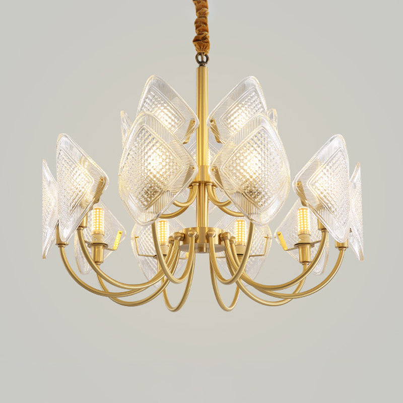 Lustre de salon moderne en forme de losange - Élégante suspension en verre à 12/15/18 ampoules en laiton
