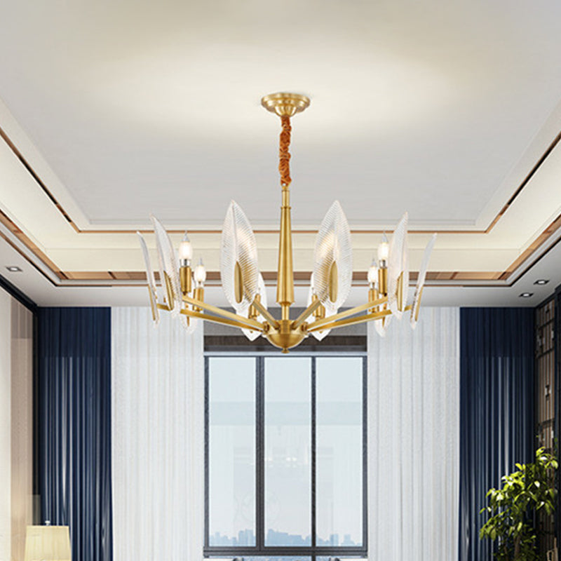 Postmodern Crystal Living Room Chandelier: Leaf-Shaped, Brass Finish, 6/8/18 Lights