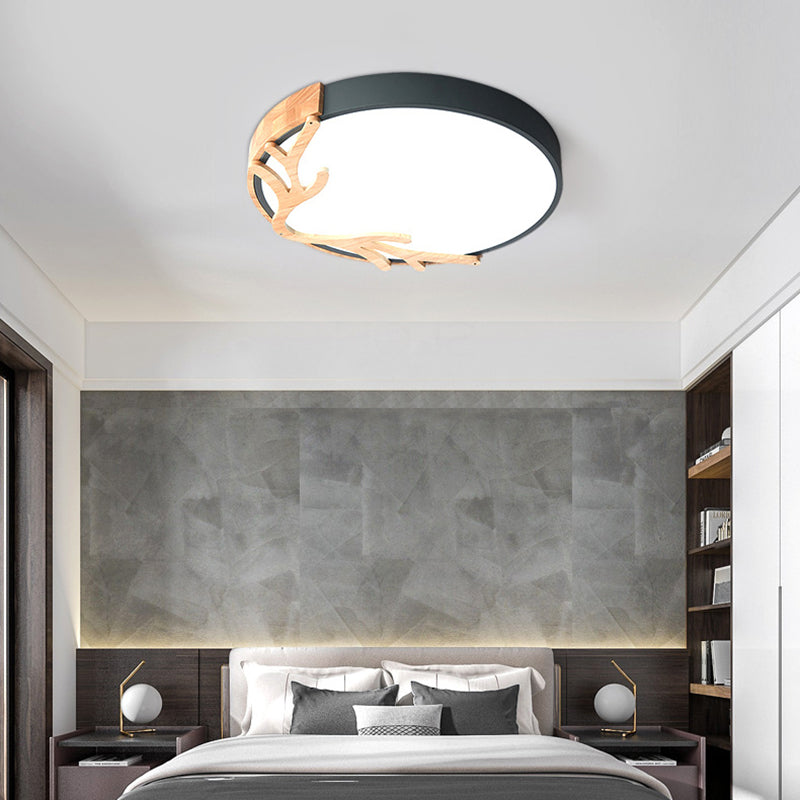 Simplicity LED Circle Flush Light with Antler Wood Decor for Bedroom