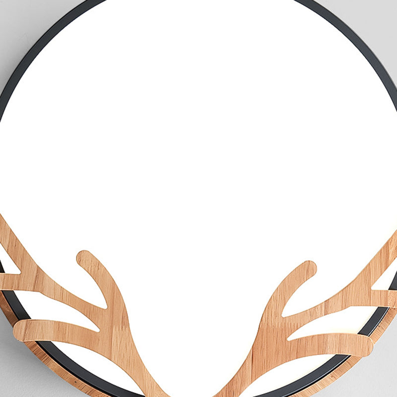 Simplicity Led Circle Flush Light With Antler Wood Decor For Bedroom