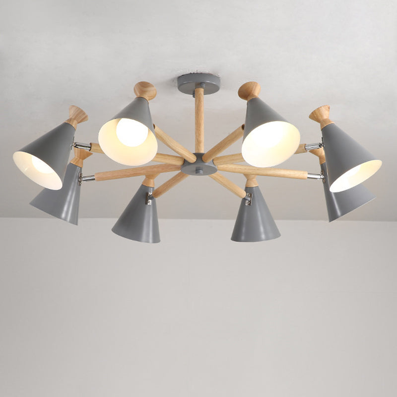 Lustre conique en métal moderne avec 8 ampoules - Luminaire suspendu élégant pour le salon, accents en liège et bois