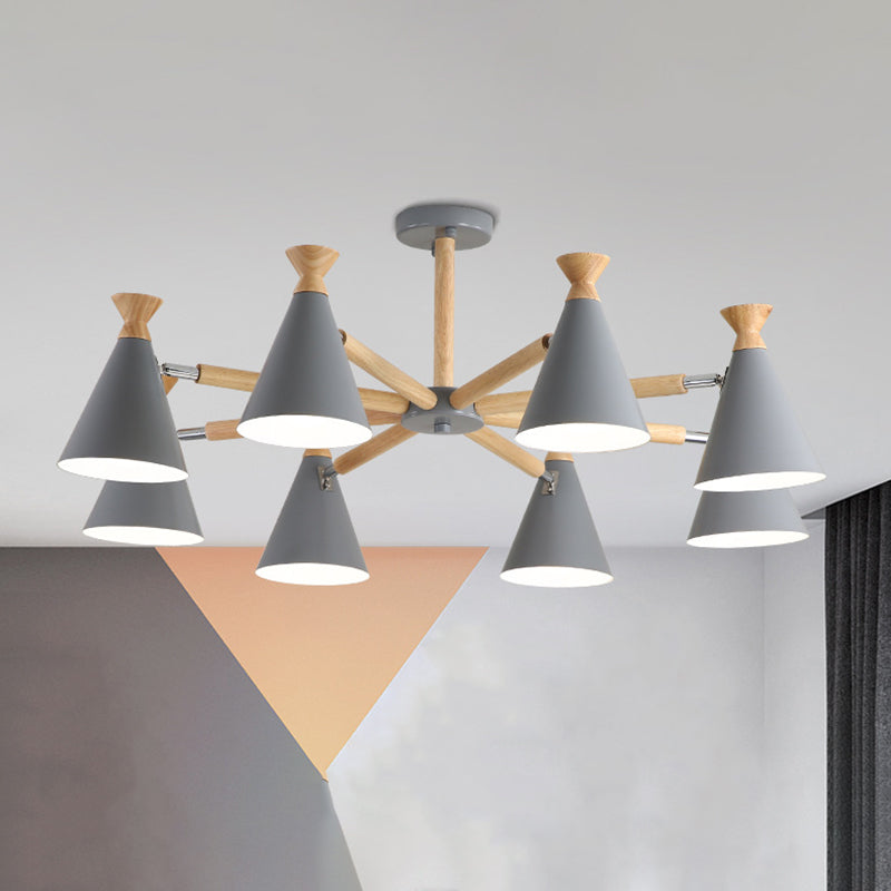 Lustre conique en métal moderne avec 8 ampoules - Luminaire suspendu élégant pour le salon, accents en liège et bois