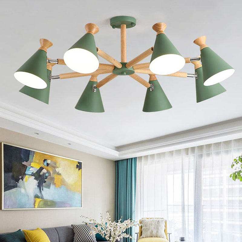 Lustre conique en métal moderne avec 8 ampoules - Luminaire suspendu élégant pour le salon, accents en liège et bois