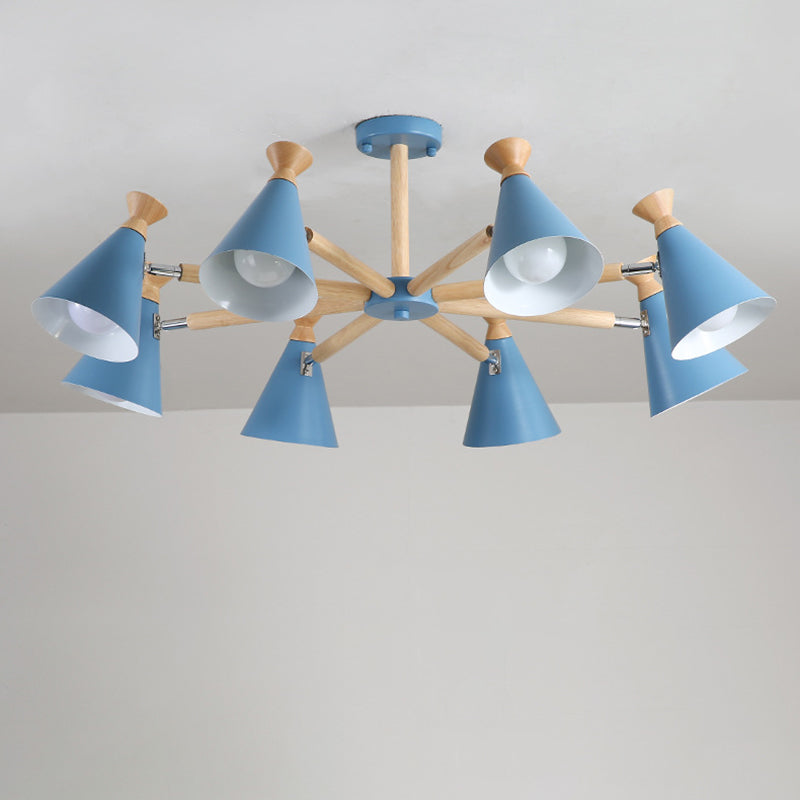 Lustre conique en métal moderne avec 8 ampoules - Luminaire suspendu élégant pour le salon, accents en liège et bois