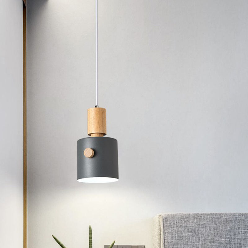 Modern Metal Pendant Light Kit with Wood Grip - Single Head Dining Room Ceiling Lamp
