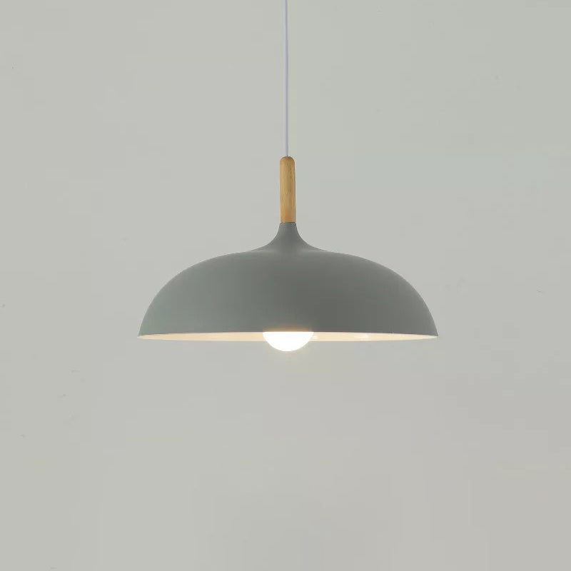 Modern Metal Macaron Dome Hanging Lamp - Dining Room Pendant Light With Wood Accent