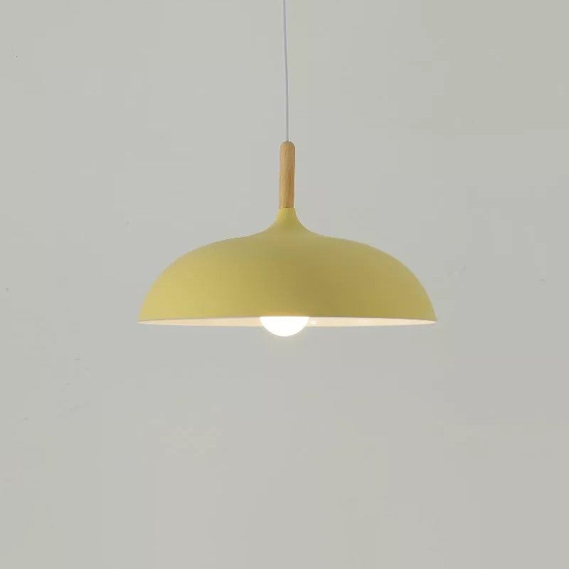 Metal Macaron Dome Hanging Lamp with Wood Top - 1 Light Pendant Lighting Fixture for Dining Room