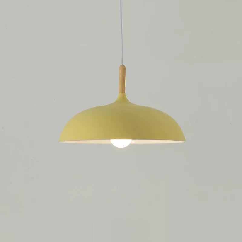 Metal Macaron Dome Hanging Lamp with Wood Top - 1 Light Pendant Lighting Fixture for Dining Room