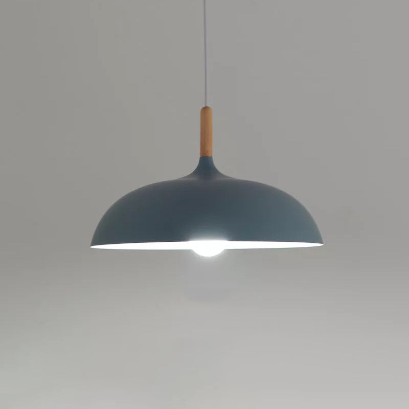 Metal Macaron Dome Hanging Lamp with Wood Top - 1 Light Pendant Lighting Fixture for Dining Room