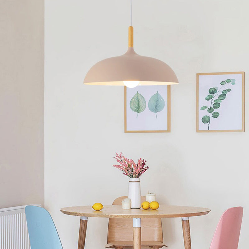 Metal Macaron Dome Hanging Lamp with Wood Top - 1 Light Pendant Lighting Fixture for Dining Room