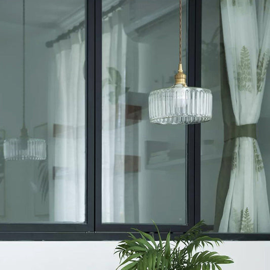 Lampe à suspension en laiton et verre nervuré - Lampe à suspension d'entrepôt
