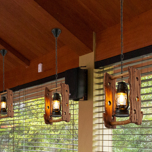 Lampe à suspension vintage au kérosène avec verre transparent, plafonnier noir et cadre en bois - 1 tête
