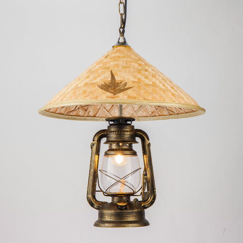 Lampe à suspension Coastal Lantern : luminaire suspendu en verre transparent avec plateau en bambou