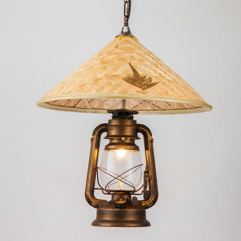 Lampe à suspension Coastal Lantern : luminaire suspendu en verre transparent avec plateau en bambou