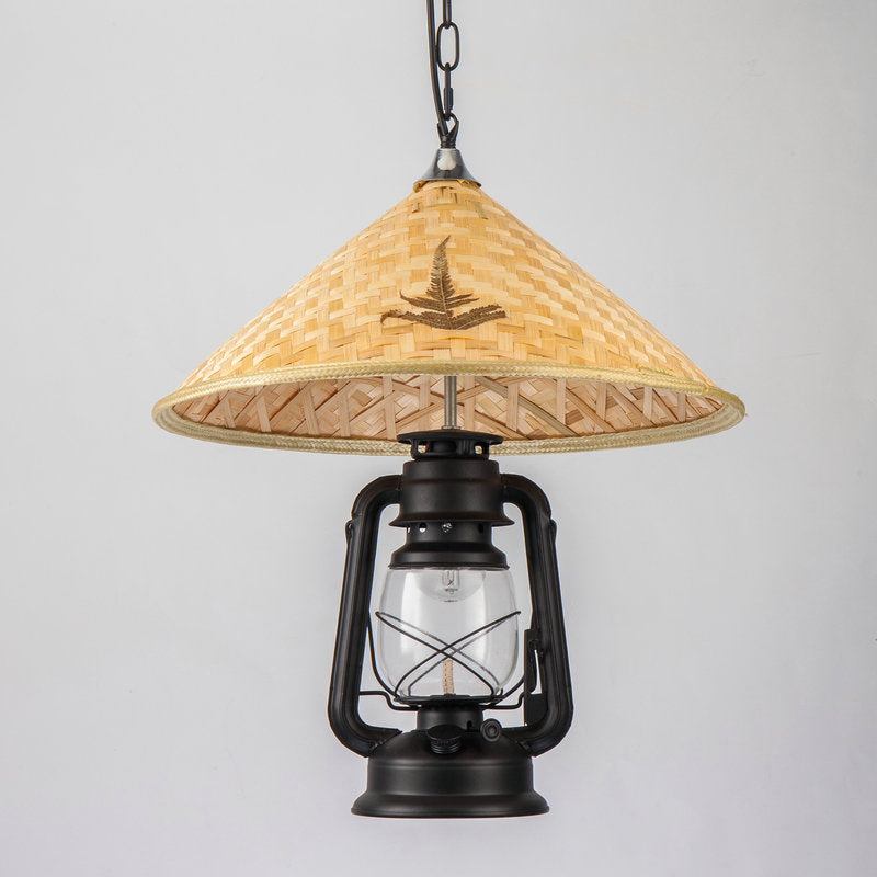 Lampe à suspension Coastal Lantern : luminaire suspendu en verre transparent avec plateau en bambou