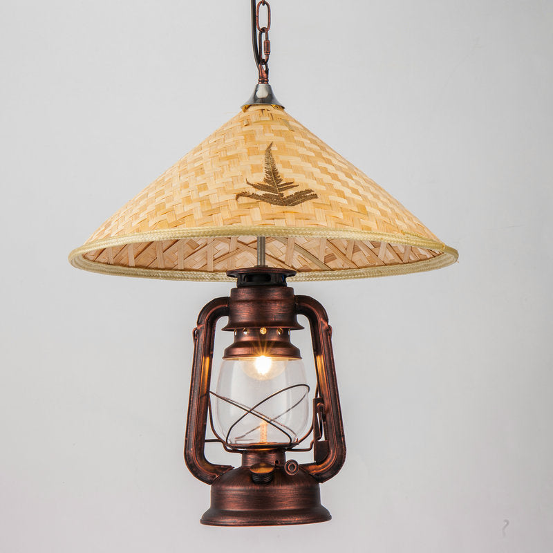 Lampe à suspension Coastal Lantern : luminaire suspendu en verre transparent avec plateau en bambou