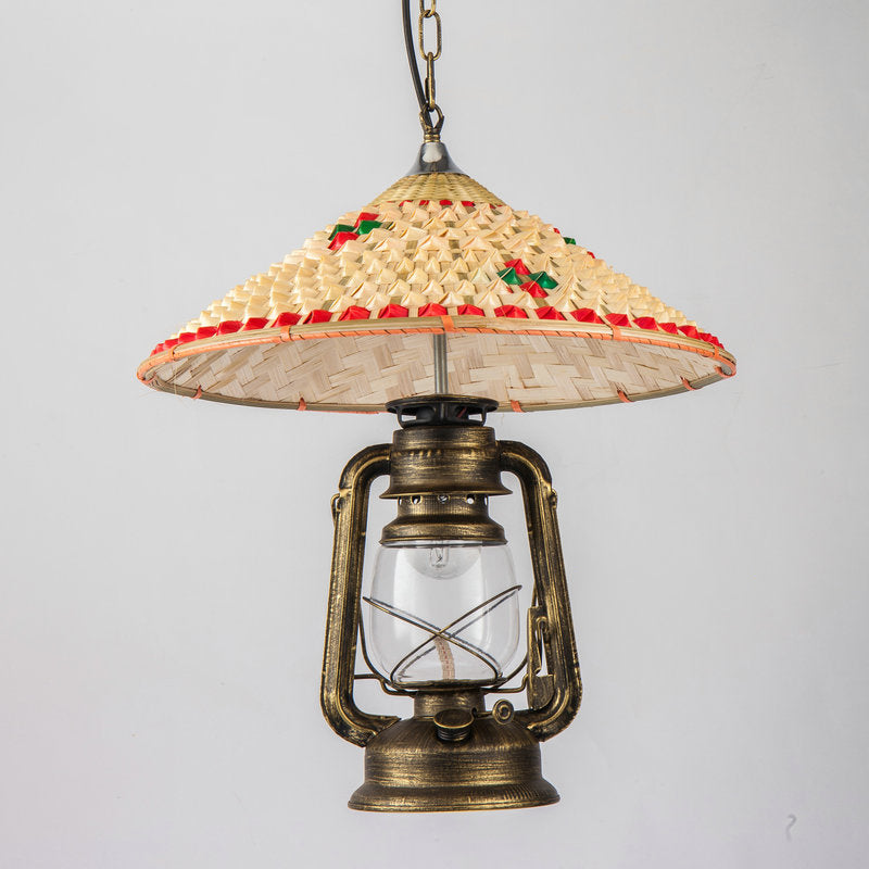 Lampe à suspension Coastal Lantern : luminaire suspendu en verre transparent avec plateau en bambou