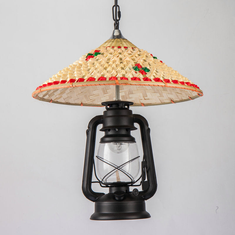 Lampe à suspension Coastal Lantern : luminaire suspendu en verre transparent avec plateau en bambou