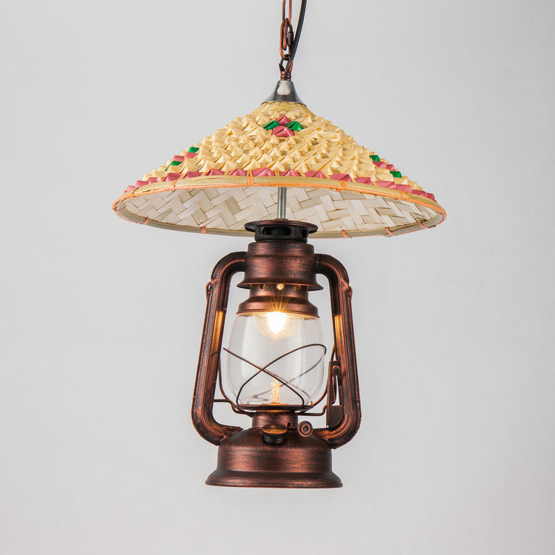 Lampe à suspension Coastal Lantern : luminaire suspendu en verre transparent avec plateau en bambou