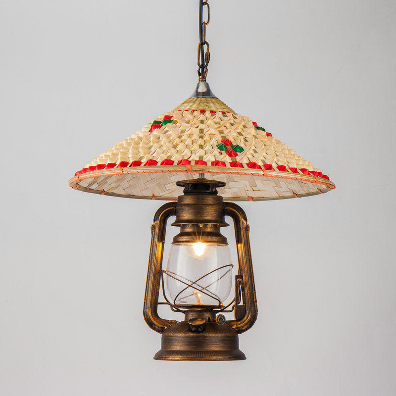 Lampe à suspension Coastal Lantern : luminaire suspendu en verre transparent avec plateau en bambou