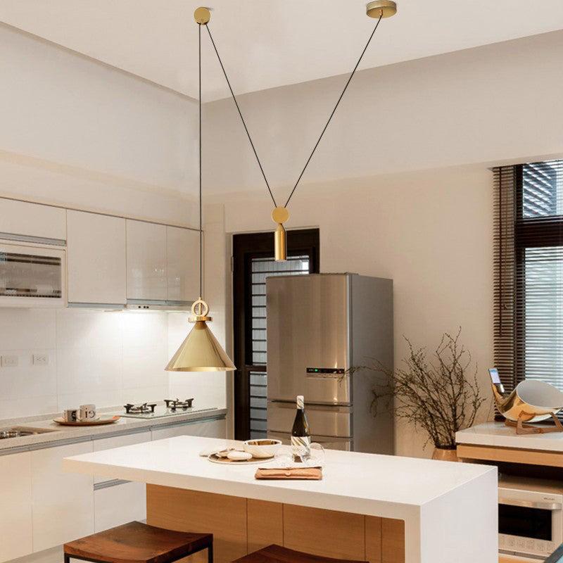 Modern Brass Conic Drop Pendant Kitchen Lamp with 1-Light and Pulley Suspension
