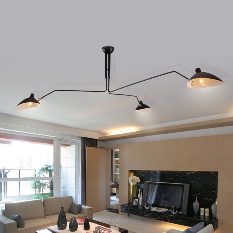Modern Metal Hat Chandelier Light Fixture - 3-Light Black Pendant with Curved Arm