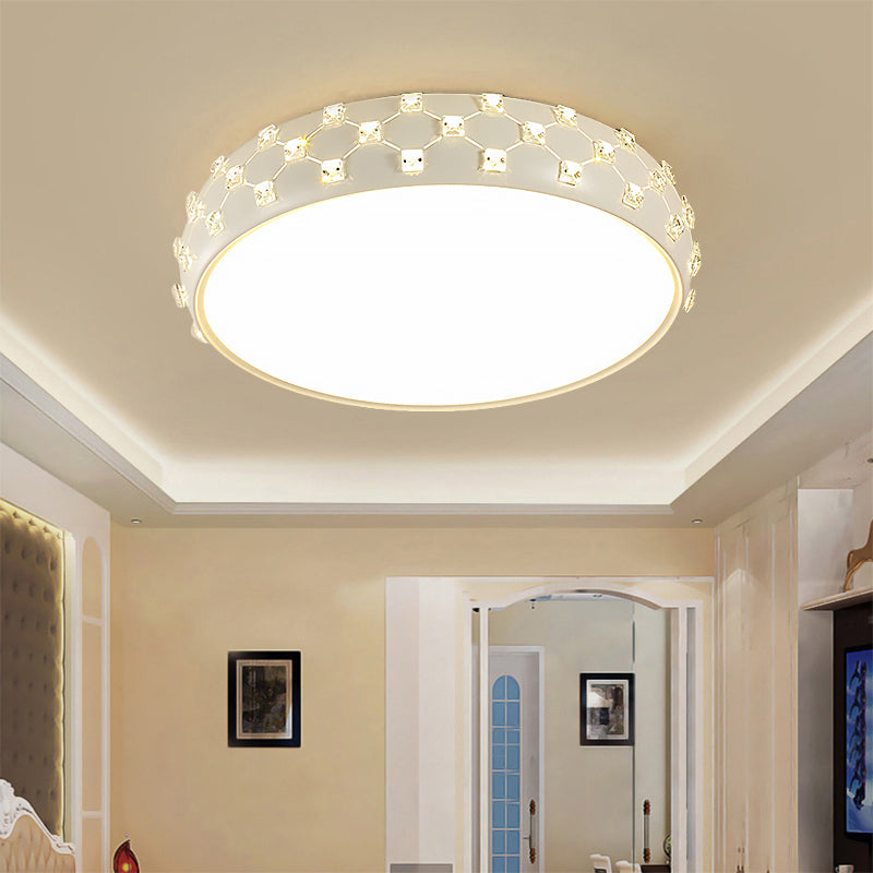 Modern Drum Ceiling Light with Crystal Square - White & LED Flush Lamp for Bedroom