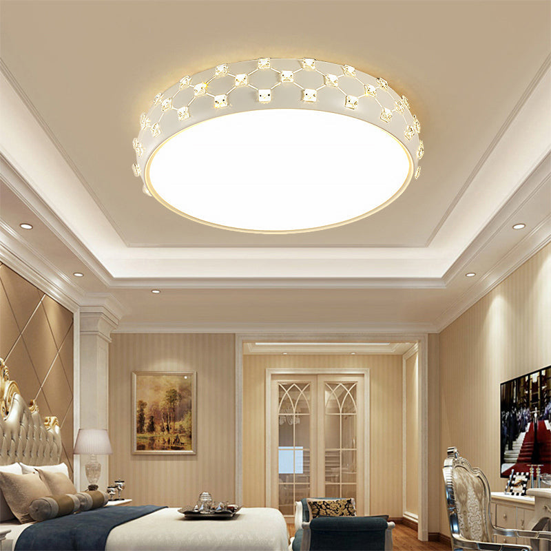 Modern Drum Ceiling Light with Crystal Square - White & LED Flush Lamp for Bedroom