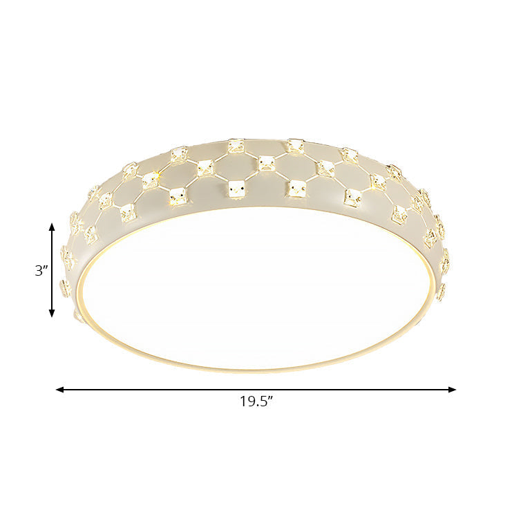 Modern Drum Ceiling Light with Crystal Square - White & LED Flush Lamp for Bedroom