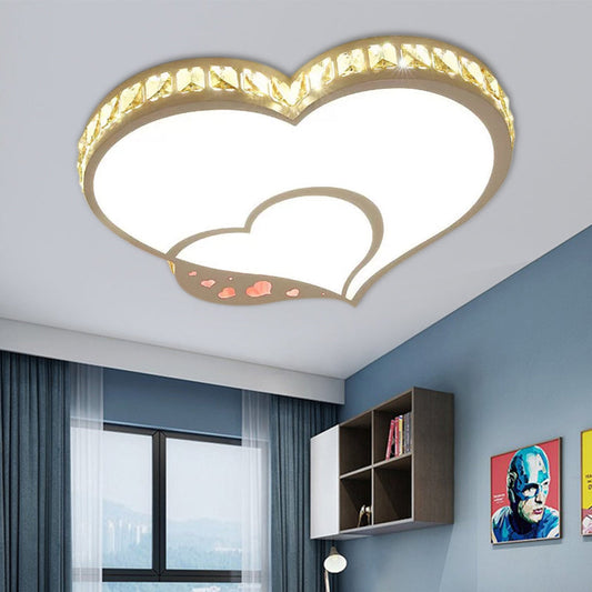 Modern Acrylic LED Double Heart Ceiling Fixture - White Flush Mount Light for Kid Bedroom with Clear Crystal