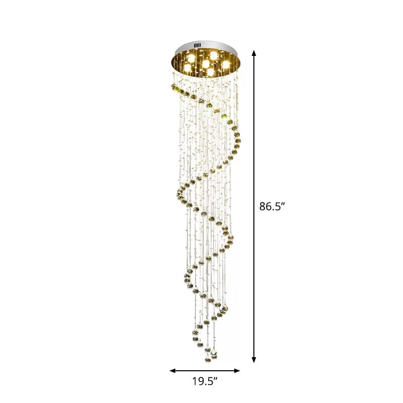 Contemporary Stainless Steel Spiral Ceiling Lamp with Crystal Beaded Flush Mount - 6 Bulbs, 86.5" Tall