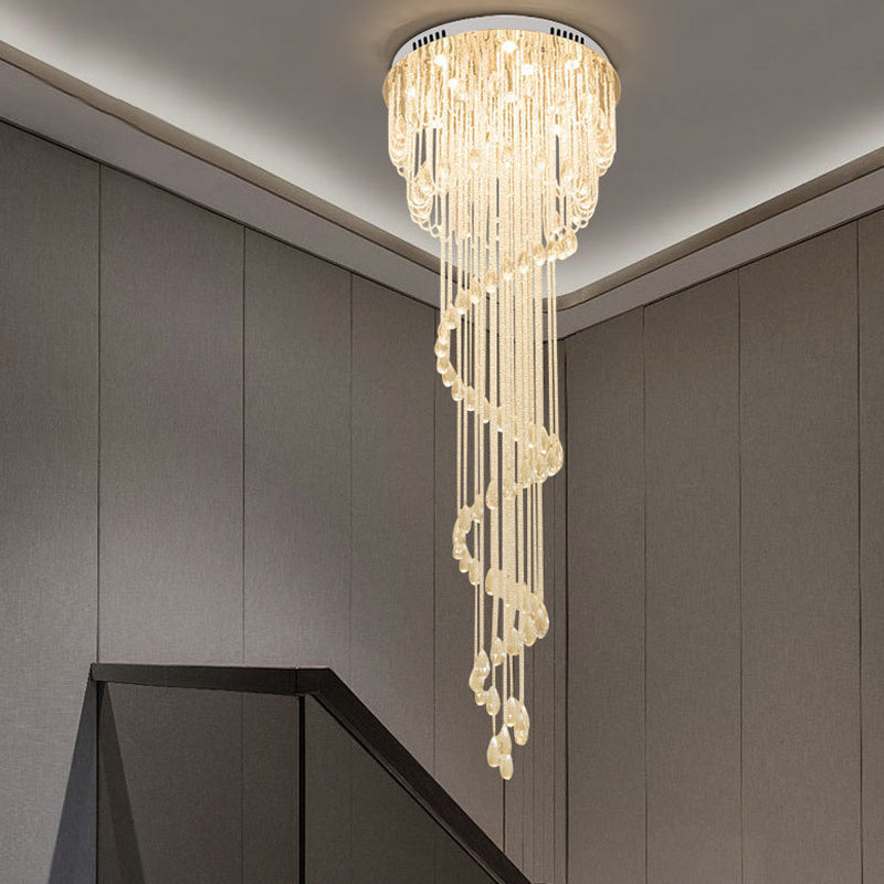 Modern Crystal Strand Stainless Steel Ceiling Flush Mount Light - Spiral Staircase Flushmount (4 Lights)