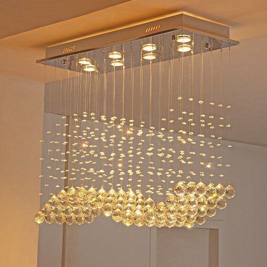 8-Light Wavy Ceiling Flush Mount with Stainless Steel Frame and Clear Crystal Orb Design