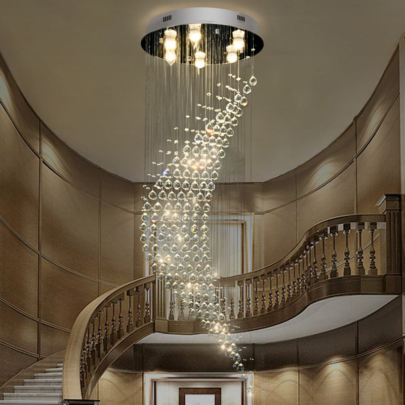 Minimalist Stainless Steel Crystal Ceiling Flushmount With 6 Lights For Staircase