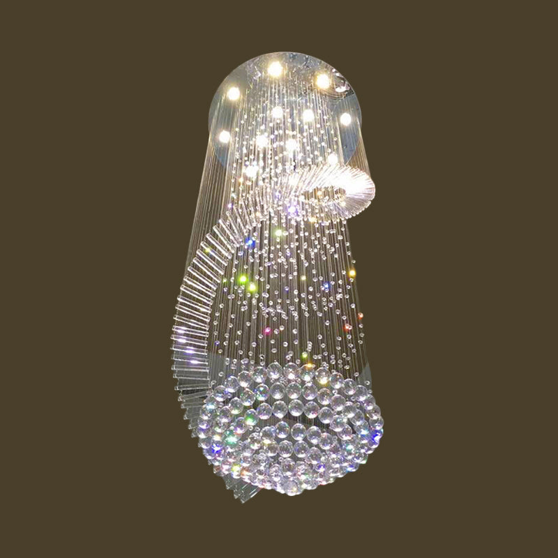 Sleek Spiral Ceiling Lamp With Crystal Flush-Mount In Stainless Steel - 9/12 Lights