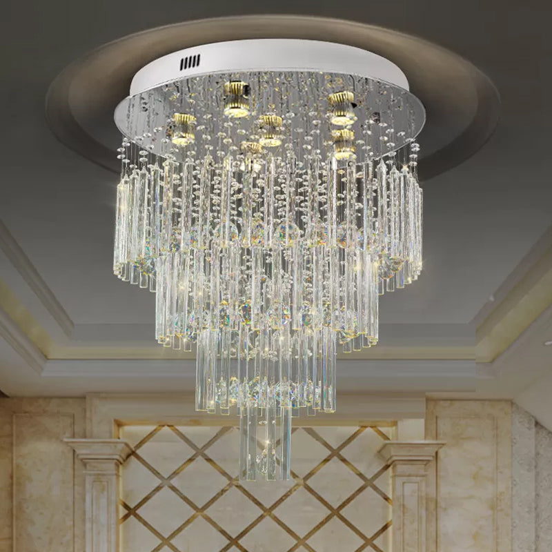 6-Bulb Tiered Flush Mount Lamp Modern Stainless Steel Crystal Rod Ceiling Lighting for Restaurants