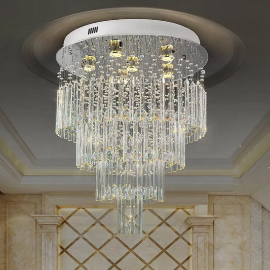 6-Bulb Tiered Flush Mount Lamp Modern Stainless Steel Crystal Rod Ceiling Lighting for Restaurants