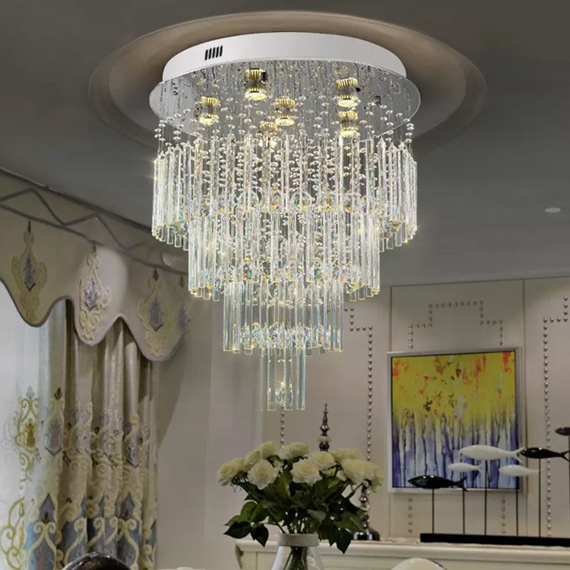 6-Bulb Tiered Flush Mount Lamp Modern Stainless Steel Crystal Rod Ceiling Lighting For Restaurants