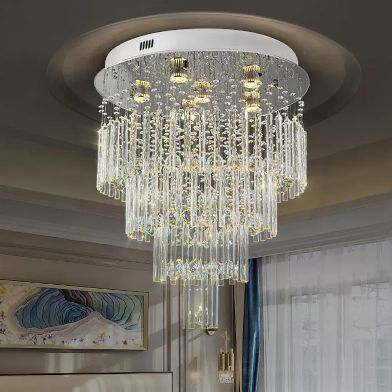 6-Bulb Tiered Flush Mount Lamp Modern Stainless Steel Crystal Rod Ceiling Lighting for Restaurants