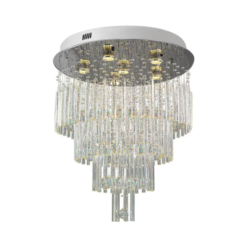 6-Bulb Tiered Flush Mount Lamp Modern Stainless Steel Crystal Rod Ceiling Lighting for Restaurants