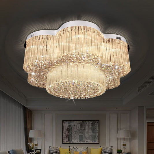 Contemporary Stainless Steel Crystal Flush Mount Lamp with 15-Bulb Flower Design for Living Room Ceiling Lighting