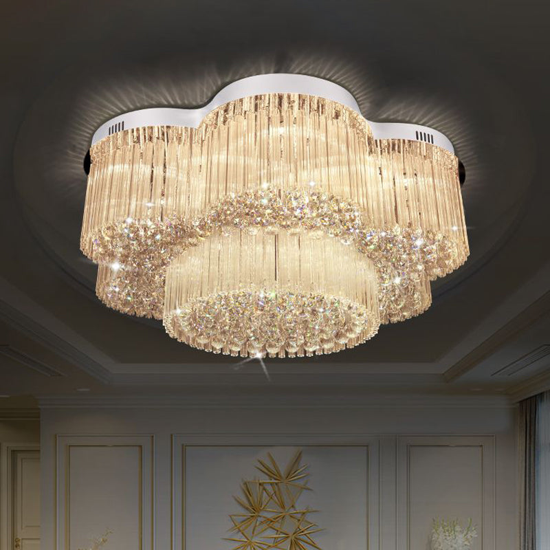Contemporary Stainless Steel Crystal Flush Mount Lamp With 15-Bulb Flower Design For Living Room