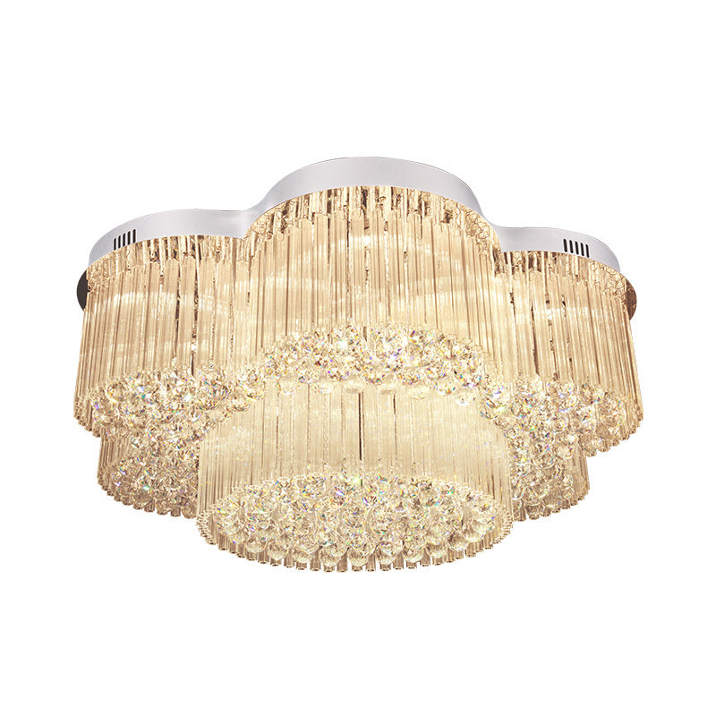 Contemporary Stainless Steel Crystal Flush Mount Lamp With 15-Bulb Flower Design For Living Room
