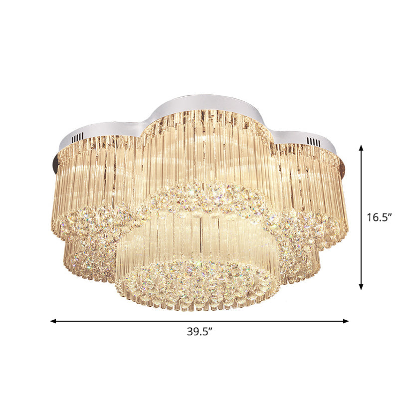 Contemporary Stainless Steel Crystal Flush Mount Lamp with 15-Bulb Flower Design for Living Room Ceiling Lighting