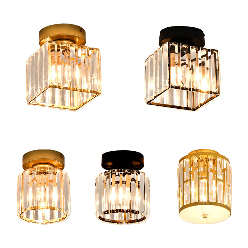 Sleek Crystal Ceiling Lamp: Square/Cylinder Corridor Semi Flush Mount In Black/Gold For Simplicity &