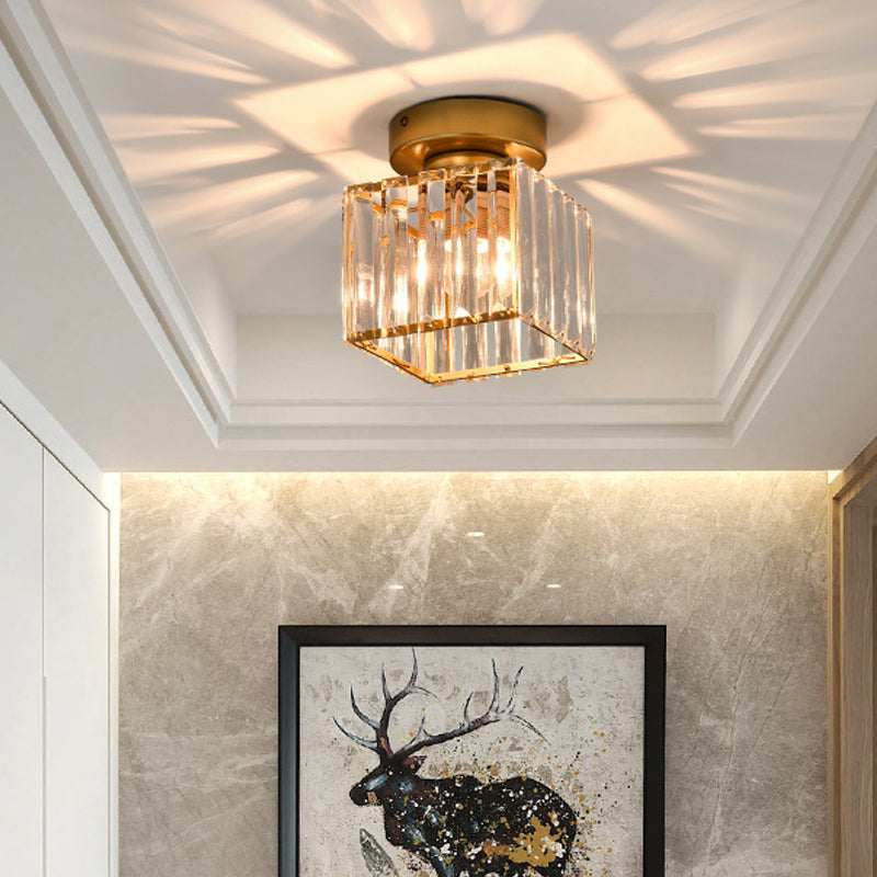 Sleek Crystal Ceiling Lamp: Square/Cylinder Corridor Semi Flush Mount In Black/Gold For Simplicity &