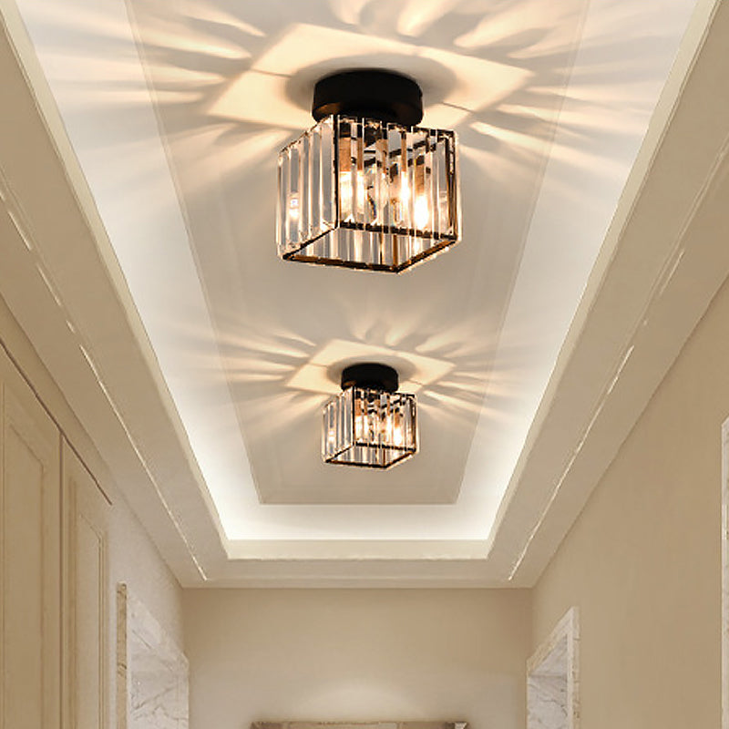 Sleek Crystal Ceiling Lamp: Square/Cylinder Corridor Semi Flush Mount in Black/Gold for Simplicity & Elegance