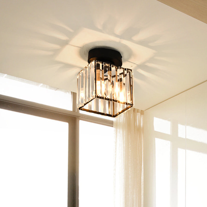 Sleek Crystal Ceiling Lamp: Square/Cylinder Corridor Semi Flush Mount in Black/Gold for Simplicity & Elegance