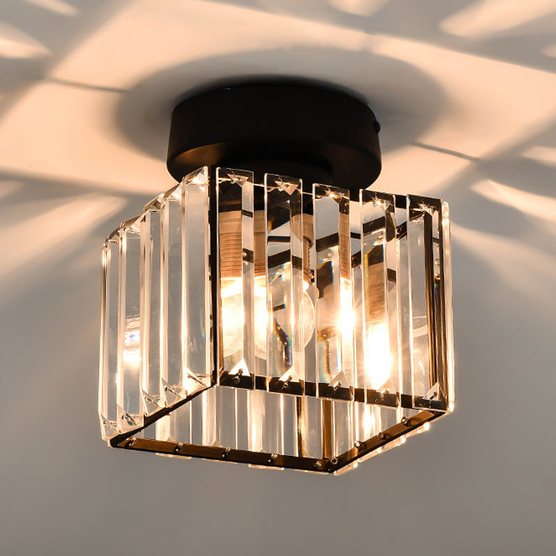 Sleek Crystal Ceiling Lamp: Square/Cylinder Corridor Semi Flush Mount in Black/Gold for Simplicity & Elegance